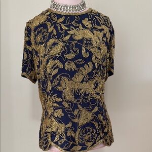 Oleg Cassini Black Tie 100% silk navy & gold beaded blouse in size Large